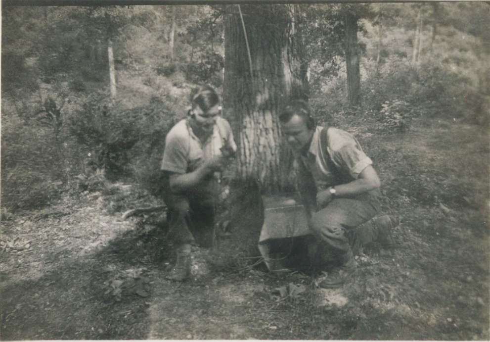 England (June, 1942)
Dixie McDonald + George Pollard
Sgt. Major McDonald ad myself talking to Coy. Headquarters on an 'Eighteen Set'.